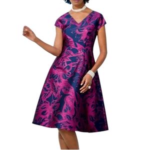 NWT Ashro Vibrant Pink Navy Floral Jacquard Fit & Flare Midi Dress Plus Size 26W